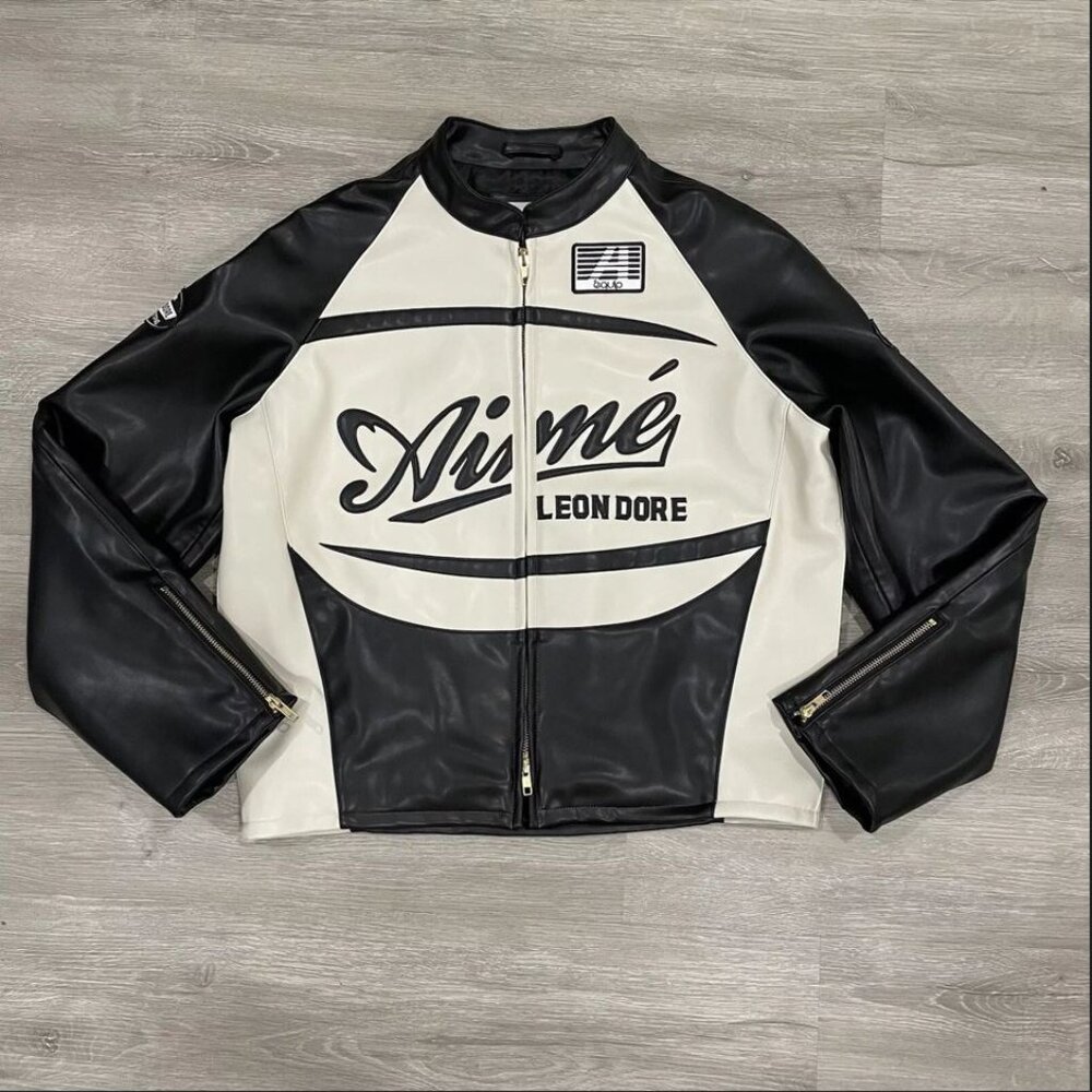 Aime Leon Dore Lamb Leather Café Racer Jacket in Black/White Size S